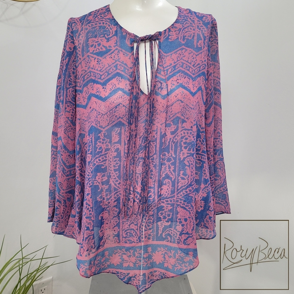 Rory Beca sheer light weight top size small purple and blue bell sleeve.